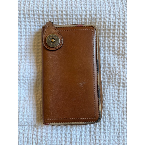 Burberry Vintage Brown Leather Zip Around Wallet Card Holder Tartan - Picture 1 of 13